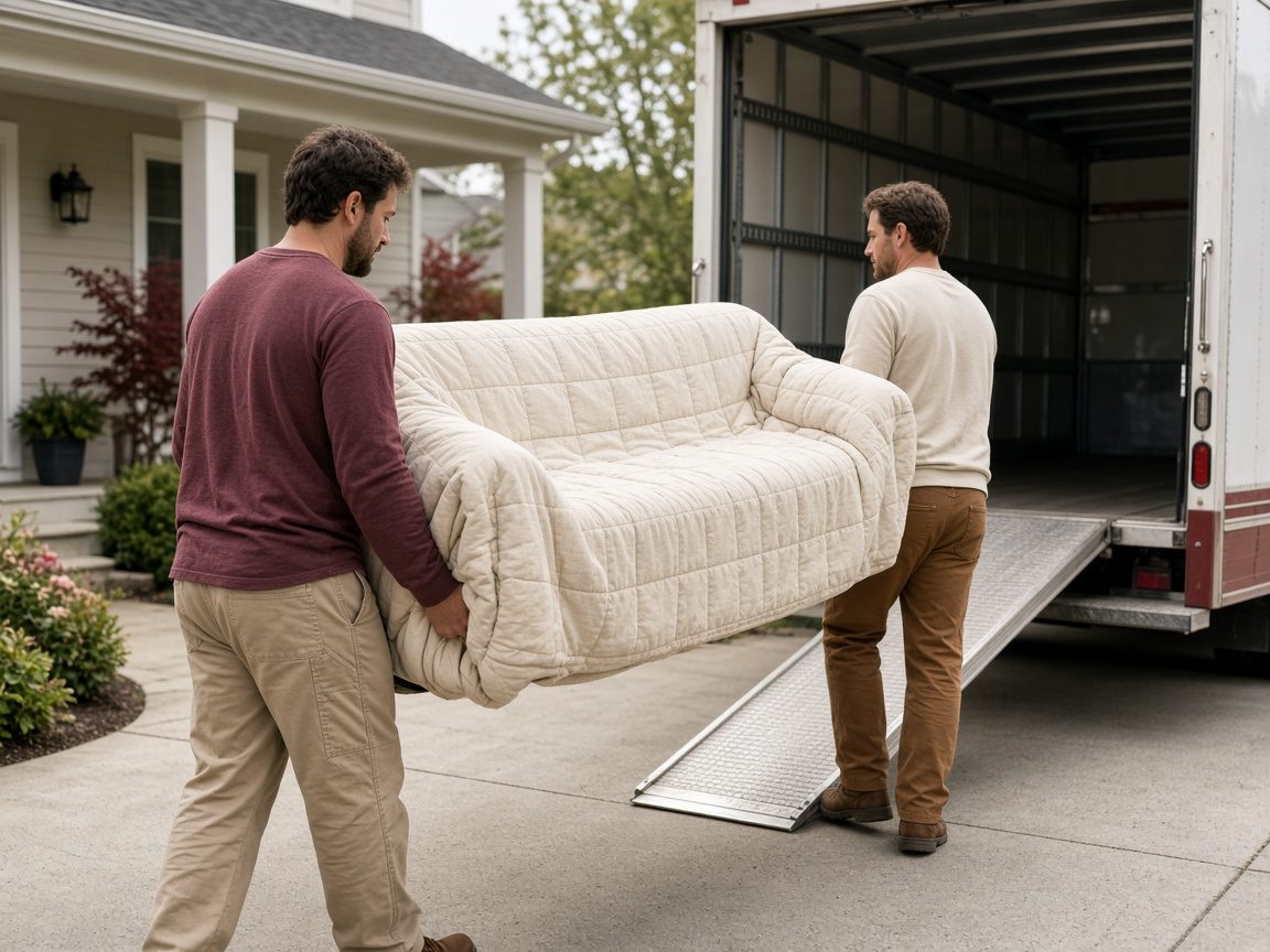 Movers carrying furniture to a van